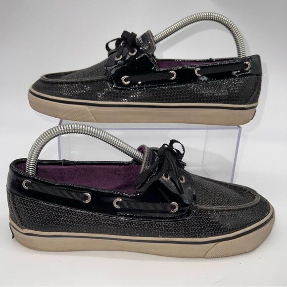 Sperry Top-Siders Black Sequined Covered Deck Shoes w/Ribbon Laces - Picture 1 of 10